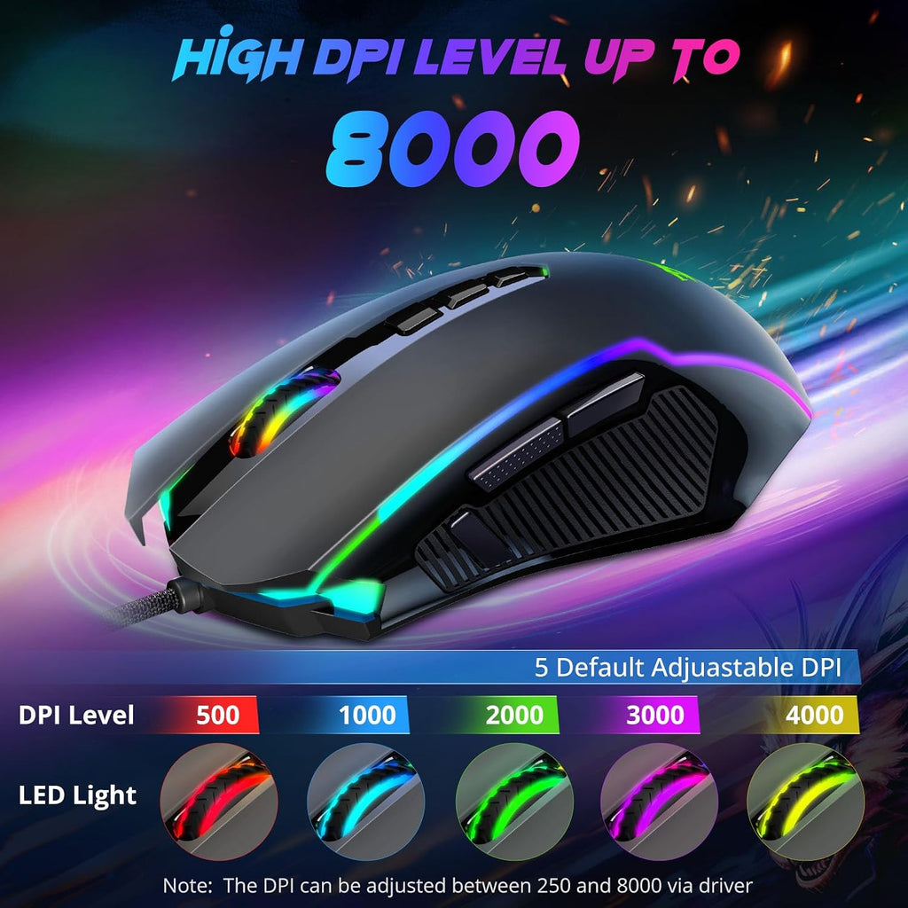 Redragon Gaming Maus, Gaming Mouse Mit RGB Und Einstellbar 8000 DPI, Maus Mit 9 Programmierbare Tasten Und Feuertaste, RGB Gaming Maus Mit Ergonomisches Design F¨¹R Mmo/Fps/Pc/Windows/Mac, M910-K