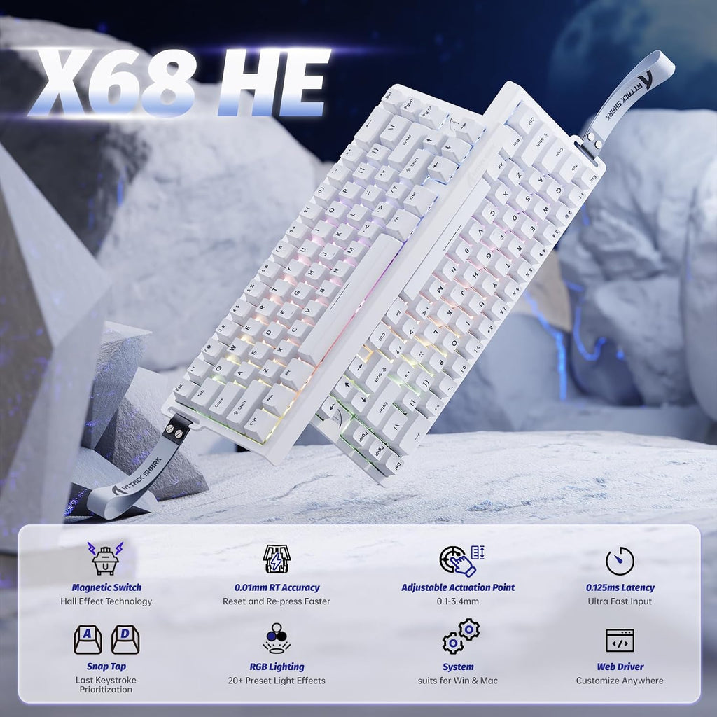 ATTACK SHARK X68 HE 8000Hz Rapid Trigger-Tastatur, 0,01Mm Rt-Genauigkeit, Kabelgebundene RGB 60% Gaming-Tastatur Mit Magnetic Switches, Einstellbare Betätigung, Snap Tap, Für Pc/Mac, Weiß
