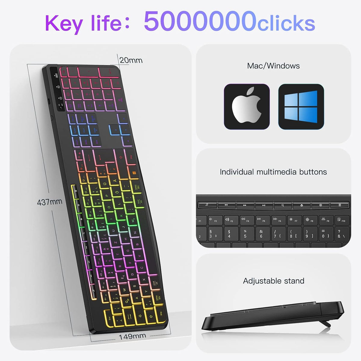 TECURS Tastatur Kabellose Gaming - Leise Tastatur QWERTZ Beleuchtet Ergonomisch Wasserdicht, 2.4Ghz Led Keyboard Für Windows/Mac /PS4/ Xbox Mit Multimedia-Tasten Schwarz