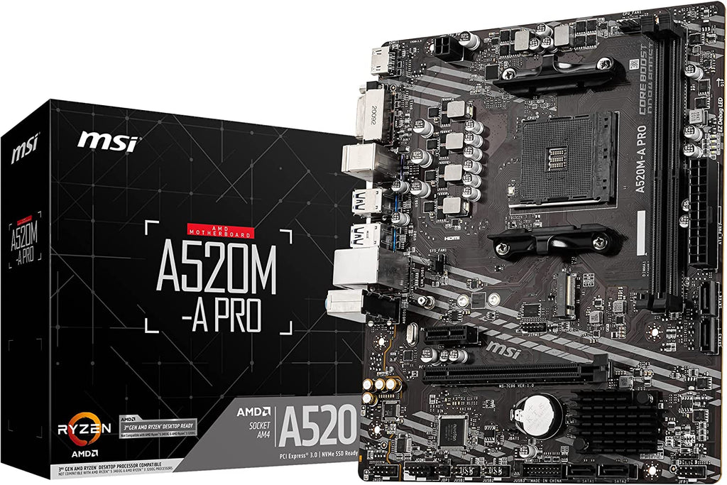 MSI A520M-A PRO Gaming Motherboard (AMD AM4, DDR4, Pcie 3.0, SATA 6Gb/S, M.2, USB 3.2 Gen 1, DVI/HDMI, Micro-Atx)