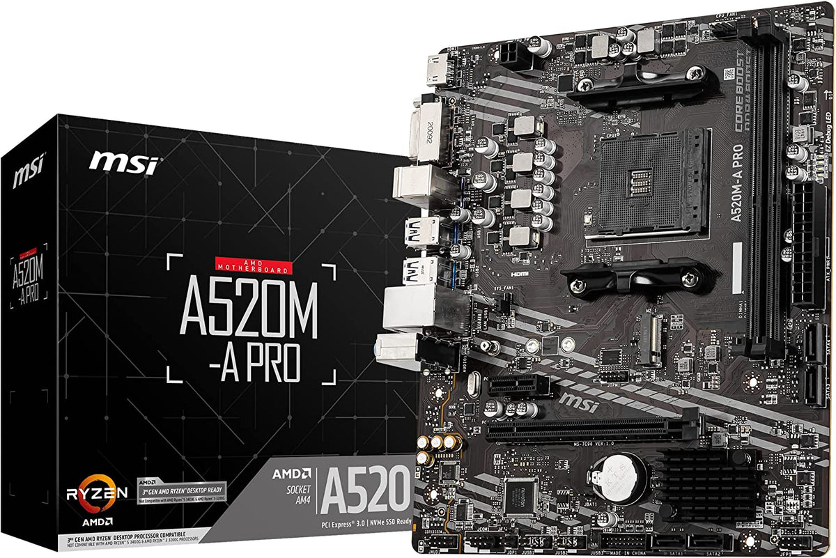 MSI A520M-A PRO Gaming Motherboard (AMD AM4, DDR4, Pcie 3.0, SATA 6Gb/S, M.2, USB 3.2 Gen 1, DVI/HDMI, Micro-Atx)