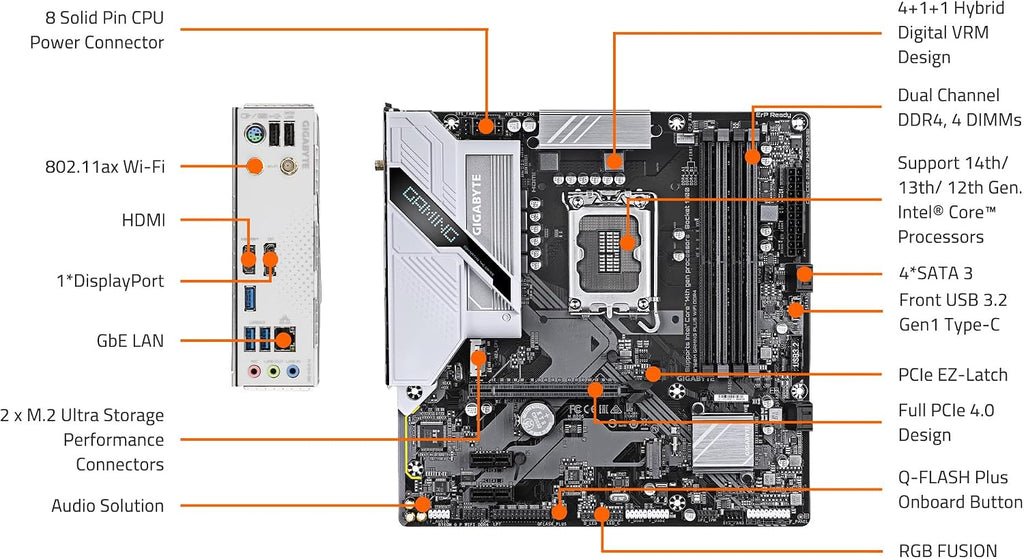 GIGABYTE B760M Gaming plus Wifi DDR4 LGA 1700 Intel B760 M-ATX Motherboard Mit DDR4, 2* M.2, Pcie 4.0, Front USB 3.2 Gen 1 Type-C, Wifi 6 Gbe LAN, Q-Flash Plus, Pcie Ez-Latch