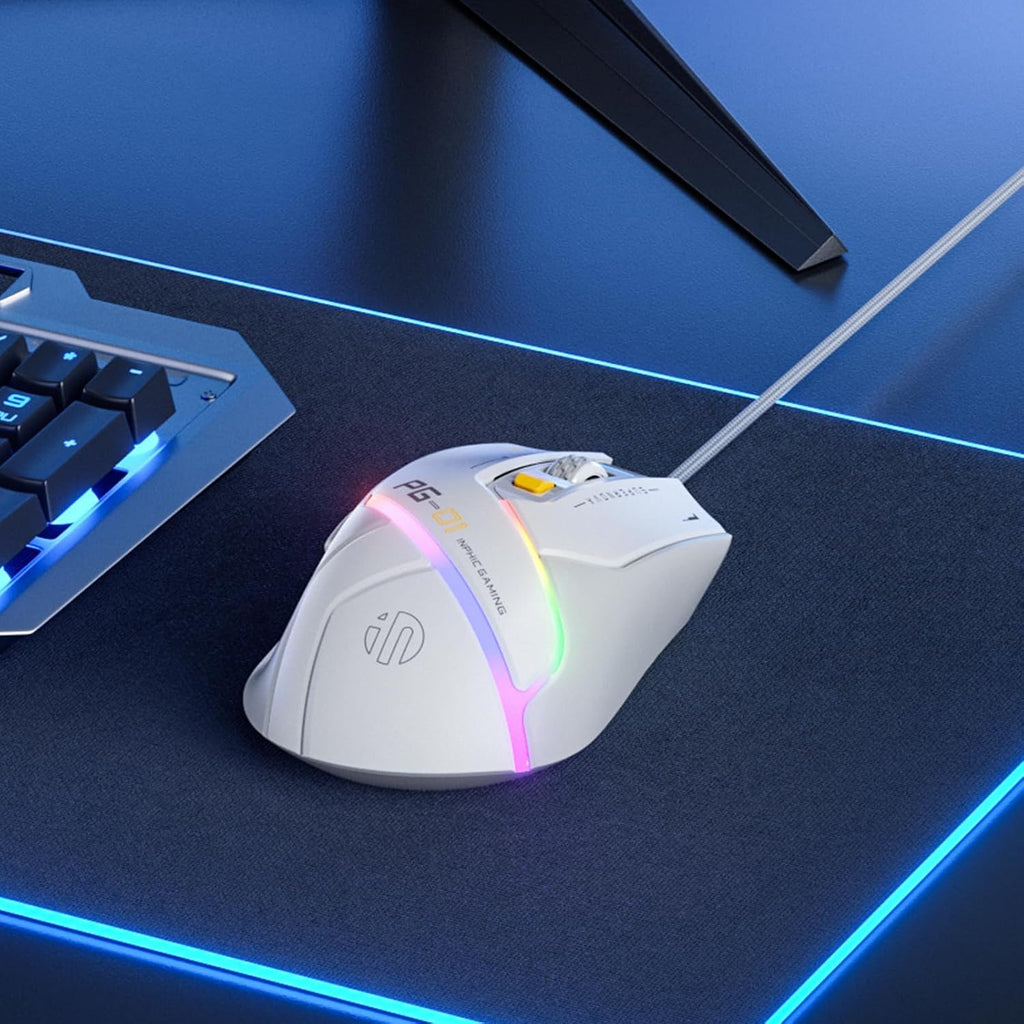 Inphic PG1 Gaming Maus Mit Kabel, 12800 DPI Hochpräzise, 6 Programmierbare Tasten, Atmungsaktive RGB Hintergrundbeleuchtung Ergonomische PC Maus Kabel Für Computer/Mac/Laptop - Weiß