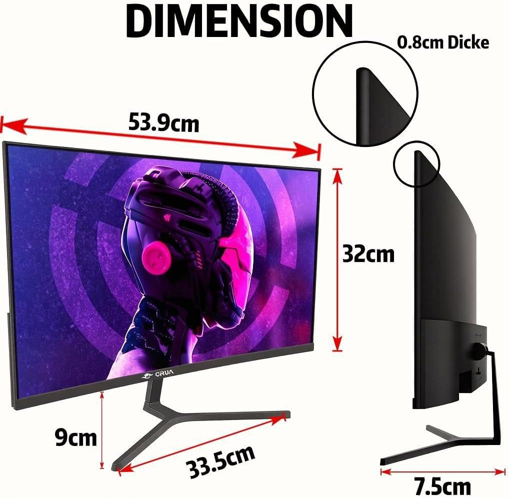 CRUA 24 165Hz Gaming-Monitor, Curved FHD 1920 X 1080P, Integrierte Lautsprecher, 120% Srgb-Farbraumabdeckung, AMD Freesync, Geringe Bewegungsunschärfe, Wandmontage Möglich, Für Büro Und Spiele