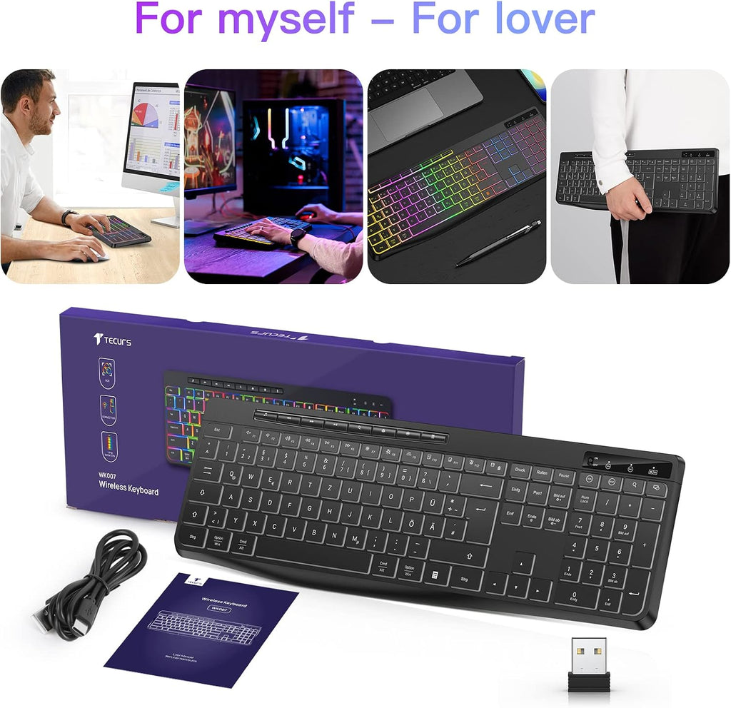 TECURS Tastatur Kabellose Gaming - Leise Tastatur QWERTZ Beleuchtet Ergonomisch Wasserdicht, 2.4Ghz Led Keyboard Für Windows/Mac /PS4/ Xbox Mit Multimedia-Tasten Schwarz