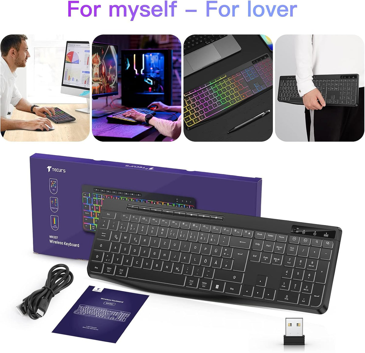 TECURS Tastatur Kabellose Gaming - Leise Tastatur QWERTZ Beleuchtet Ergonomisch Wasserdicht, 2.4Ghz Led Keyboard Für Windows/Mac /PS4/ Xbox Mit Multimedia-Tasten Schwarz