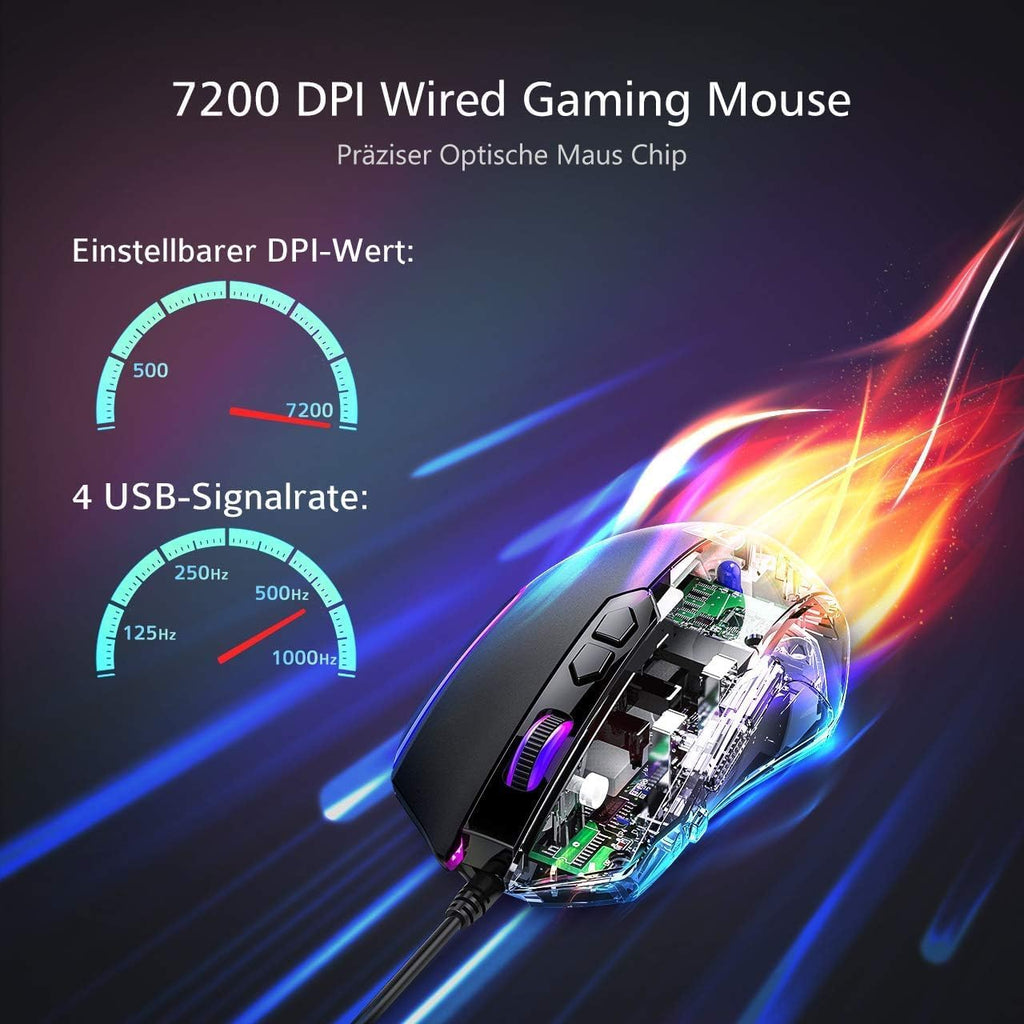 RGB Gaming Maus,Gamer Maus Mit 8 Programmierbare Tasten 7200Dpi/Rgb-Beleuchtung/Anpassbare Spielprofile,Usb-Wired Mit Ergonomisches Design Für MMO, MOBA Oder FPS Games Für Pc/Mac