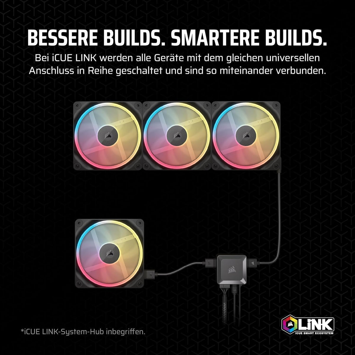 CORSAIR Icue LINK LX120-R RGB 120Mm Pwm-Umkehrlüfter – Dreifach-Lüfter-Kit – Geräuscharm, CORSAIR Magnetische Kuppellagerung, Zwei Lichtschleifen, Quikturn™-Schrauben, Null-Drehzahl-Modus – Schwarz