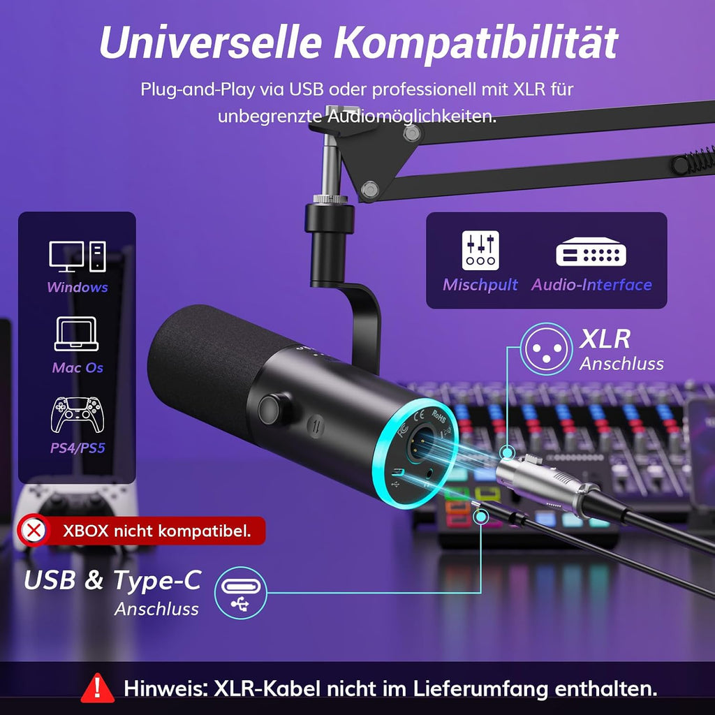 TONOR Dynamisches Gaming Mikrofon, XLR/USB Mikro, Ai-Geräuschunterdrückung