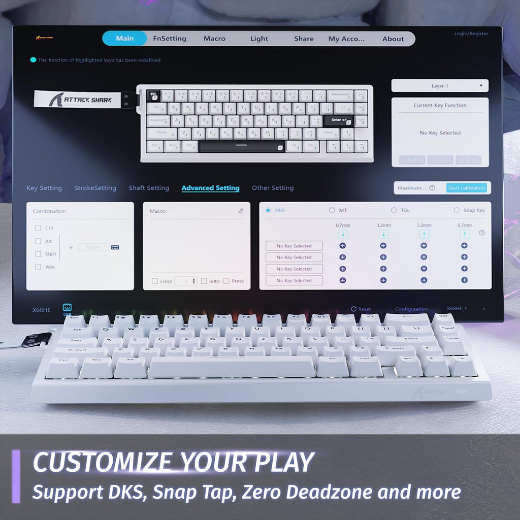 ATTACK SHARK X68 HE 8000Hz Rapid Trigger-Tastatur, 0,01Mm Rt-Genauigkeit, Kabelgebundene RGB 60% Gaming-Tastatur Mit Magnetic Switches, Einstellbare Betätigung, Snap Tap, Für Pc/Mac, Weiß