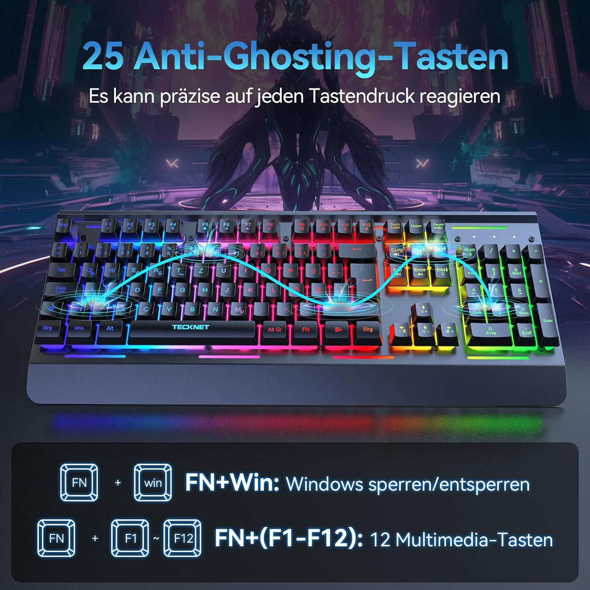 TECKNET Gaming-Tastatur Kabellos, Qwertz-Tastatur, Deutsches Layout
