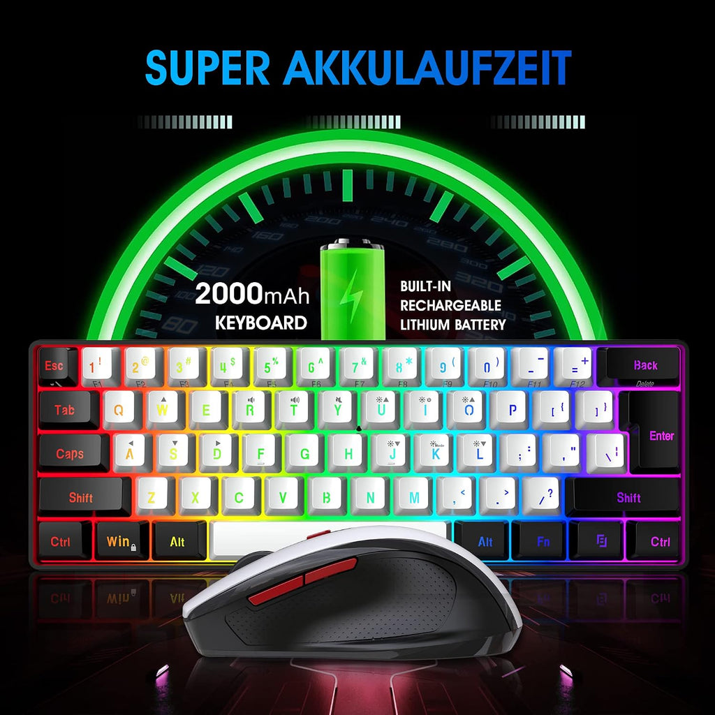 Snpurdiri 60% Prozent Tastatur Maus Set Kabellos, Wireless Gaming Combo, Enthalten 2.4G Small Mini 60% Merchanical Feel Tastatur, Ergonomisches Design Vertical Feel Maus (Blackwhite)