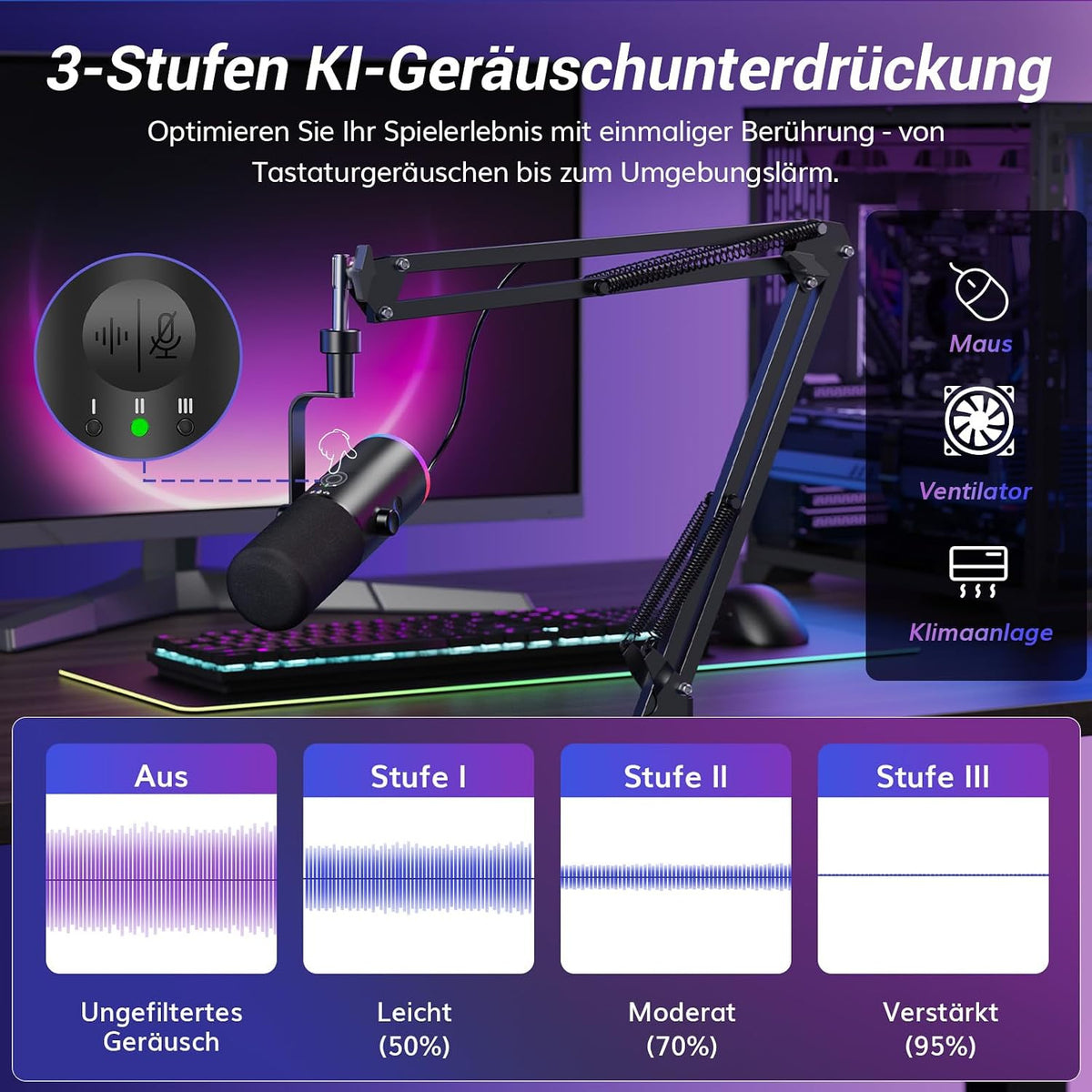 TONOR Dynamisches Gaming Mikrofon, XLR/USB Mikro, Ai-Geräuschunterdrückung