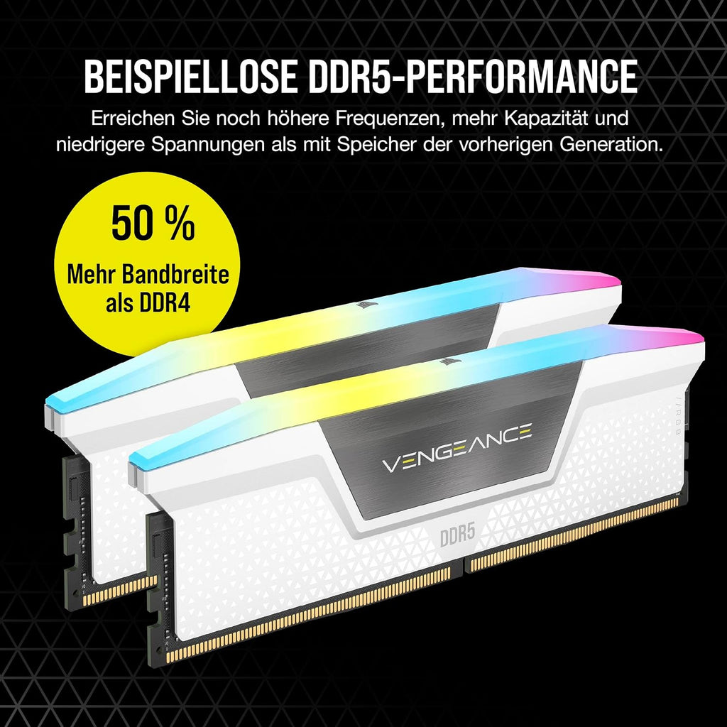CORSAIR Vengeance RGB DDR5 RAM 32GB (2X16Gb) Bis Zu 6000Mhz CL36 Intel XMP 3.0 Desktop-Arbeitsspeicher – Weiß (CMH32GX5M2E6000C36W)