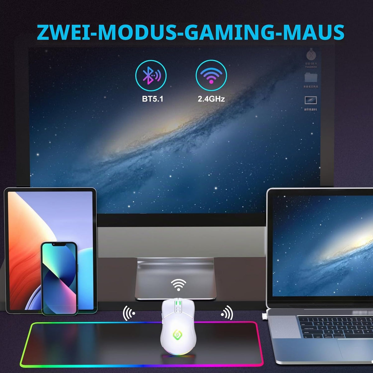 Kabellose Gaming Maus, Dual Mode 2.4Ghz/Bluetooth 5.1 Maus Gaming, RGB LED Hintergrundbeleuchtung, Ergonomische Maus Mit 6 Tasten, Wiederaufladbare Computer Maus Für PC, Mac, Laptop (Weiß)