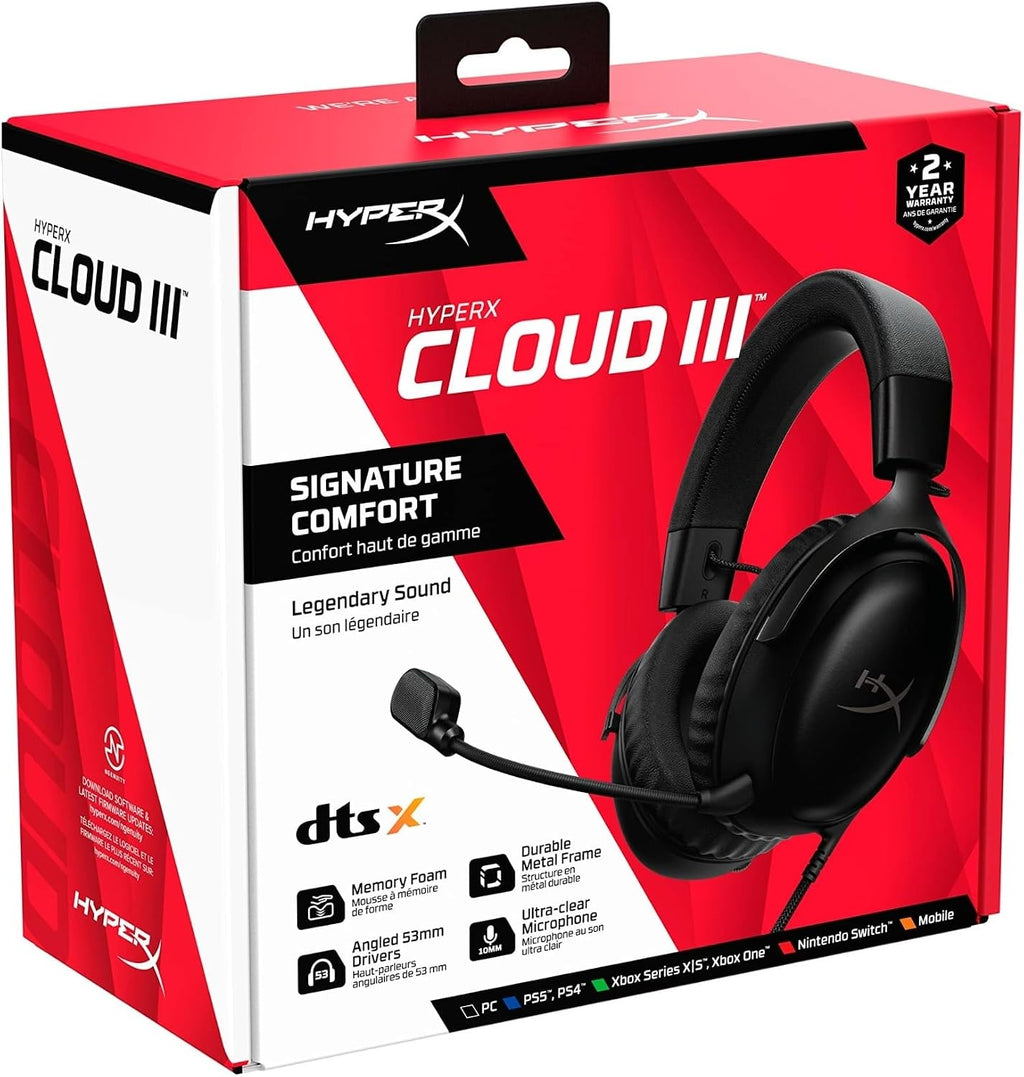 Hyperx Cloud III – Kabelgebundenes Gaming-Headset, PC, PS5, Xbox Series X|S, Abgewinkelte 53Mm-Treiber, DTS, Memory-Schaum, Stabiler Rahmen, Ultraklares 10Mm-Mikrofon, USB-C, USB-A, 3,5Mm, Schwarz