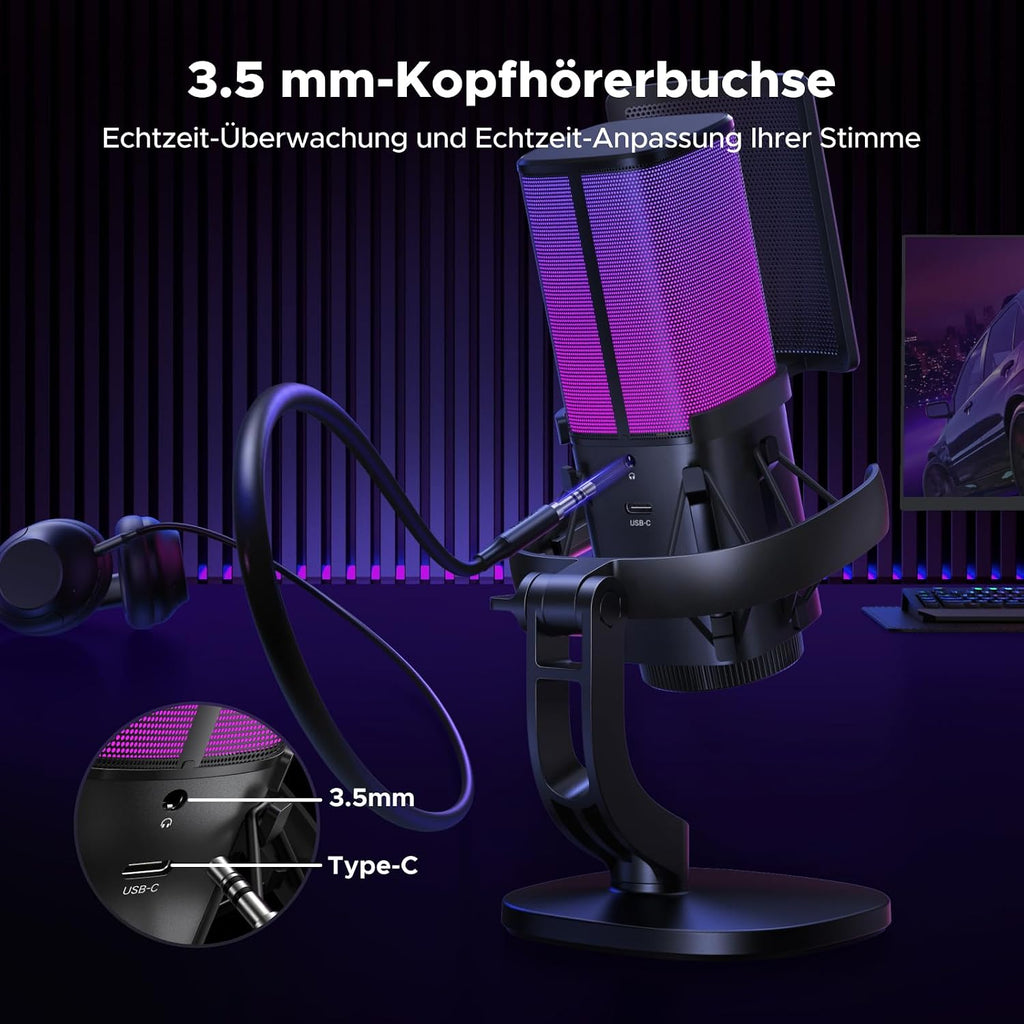 UGREEN Gaming Mikrofon Mit RGB, Dsp-Rauschunterdrückung, 96Khz/24Bit