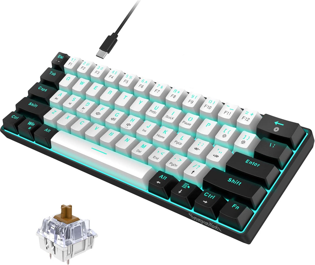 Snpurdiri 60% Kabelgebundene Mechanische Gaming-Tastatur, 61 Anti-Ghosting-Tasten, Blaue Led-Hintergrundbeleuchtung, Ultrakompakte Zwei Ständer(Braune Schalter/Schwarz Weiß)