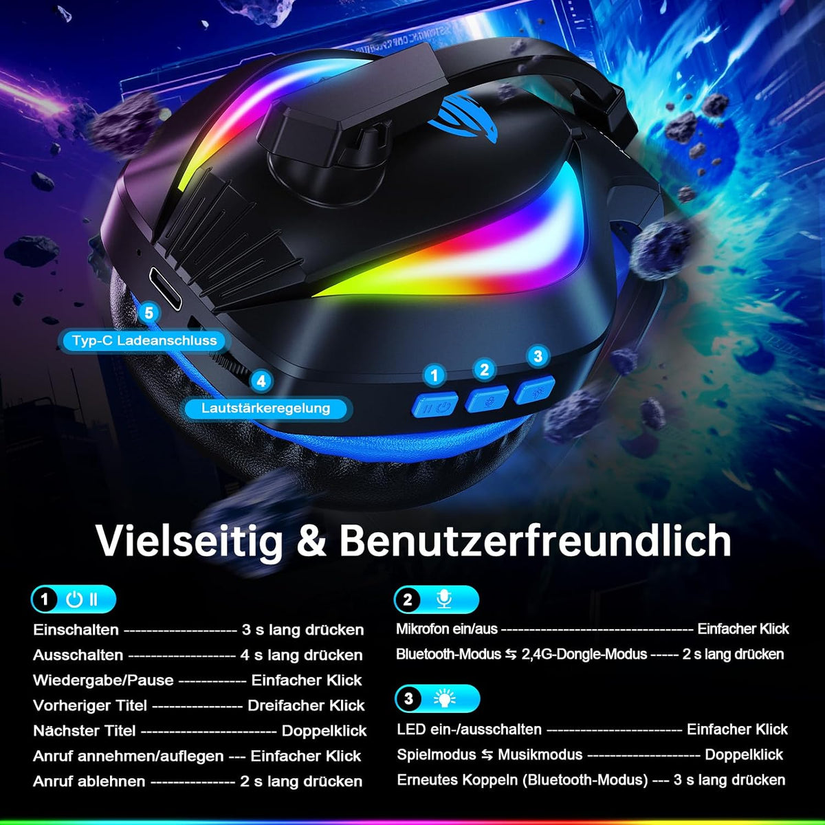 Fachixy Wireless Gaming Headset Mit Mikrofon Für PS5, PS4, PC, Mac, Switch
