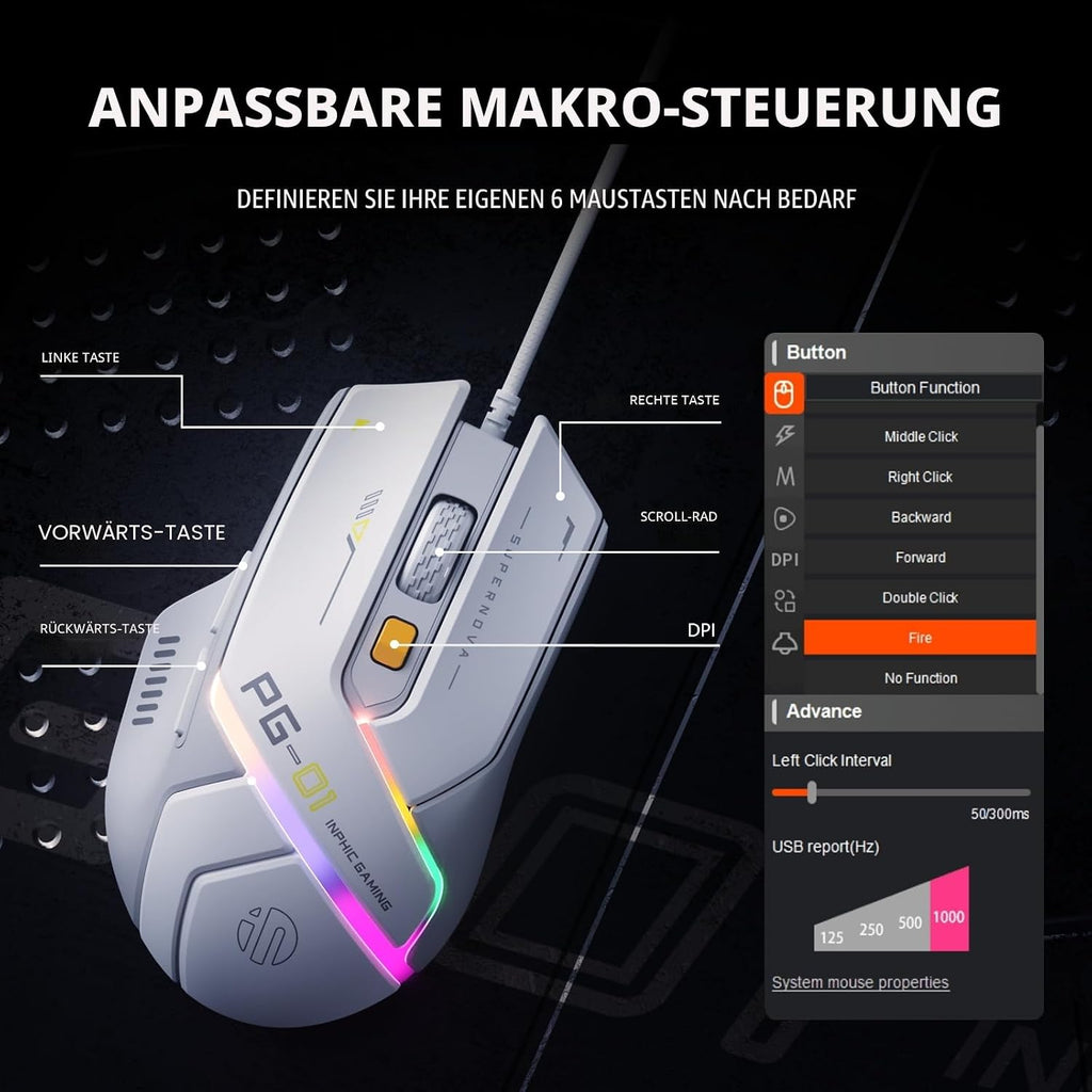 Inphic PG1 Gaming Maus Mit Kabel, 12800 DPI Hochpräzise, 6 Programmierbare Tasten, Atmungsaktive RGB Hintergrundbeleuchtung Ergonomische PC Maus Kabel Für Computer/Mac/Laptop - Weiß