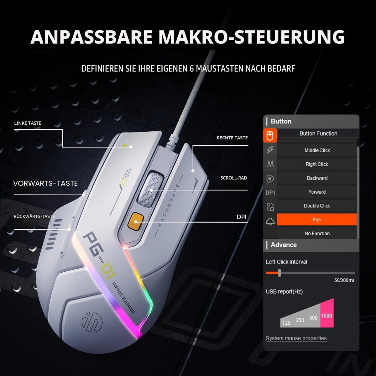 Inphic PG1 Gaming Maus Mit Kabel, 12800 DPI Hochpräzise, 6 Programmierbare Tasten, Atmungsaktive RGB Hintergrundbeleuchtung Ergonomische PC Maus Kabel Für Computer/Mac/Laptop - Weiß
