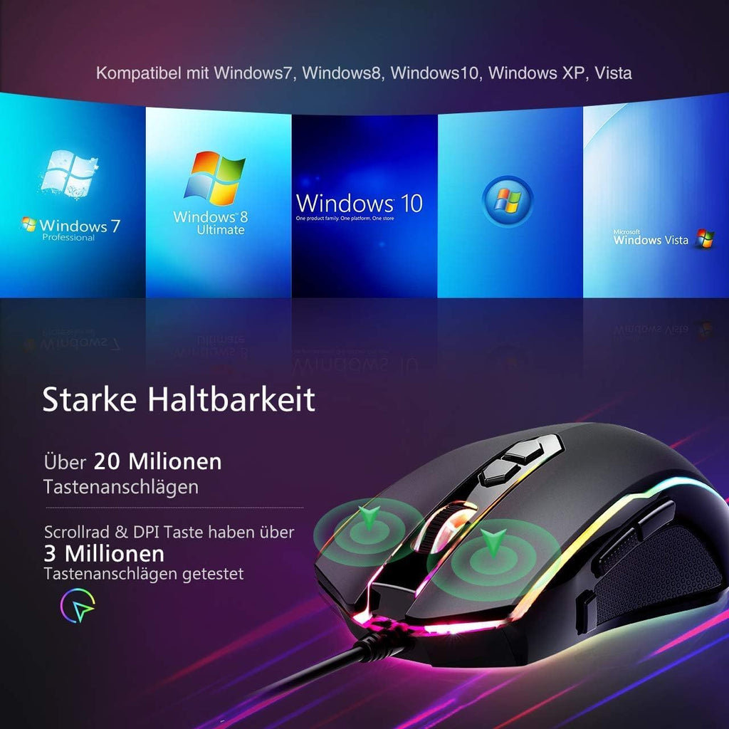 RGB Gaming Maus,Gamer Maus Mit 8 Programmierbare Tasten 7200Dpi/Rgb-Beleuchtung/Anpassbare Spielprofile,Usb-Wired Mit Ergonomisches Design Für MMO, MOBA Oder FPS Games Für Pc/Mac