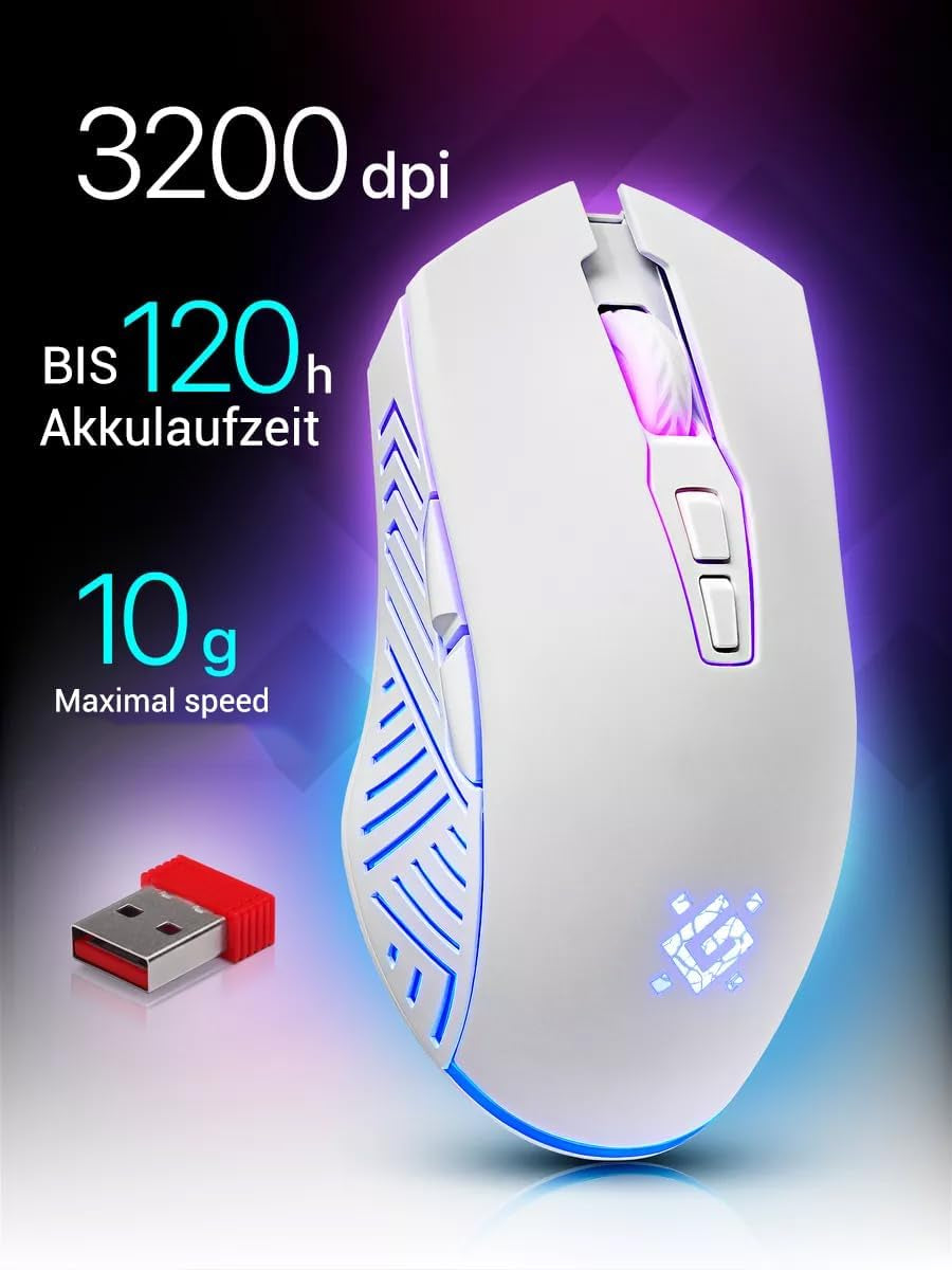 Defender® Pandora Kabellose Gaming Maus - Geräuschlose Klicks - 5 Programmierbare Tasten - Rgb-Beleuchtung(On/Off) - Bis Zu 120 Hrs Akkulaufzeit - Wireless Gamer Maus Für PC, Mac, Laptop, Weiß