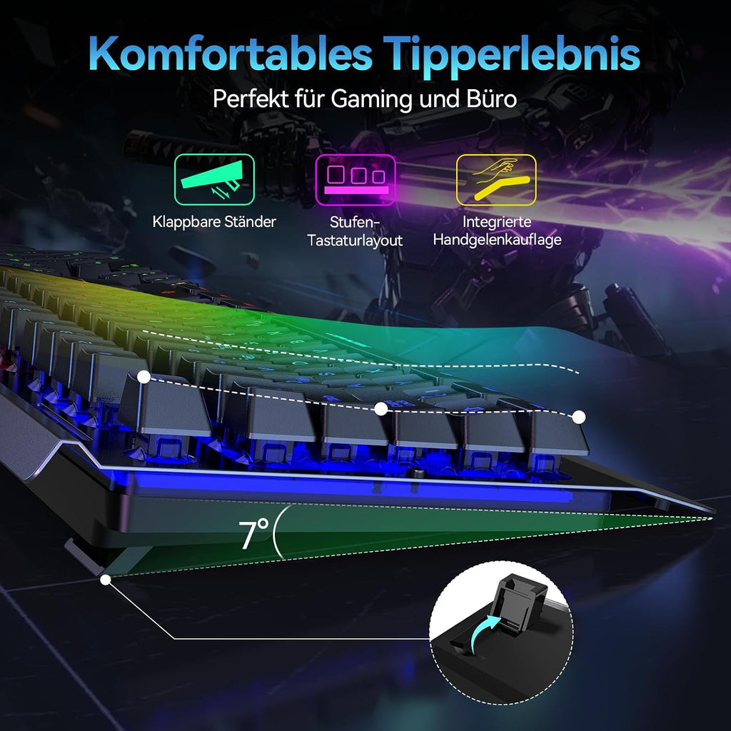 TECKNET Gaming-Tastatur Kabellos, Qwertz-Tastatur, Deutsches Layout