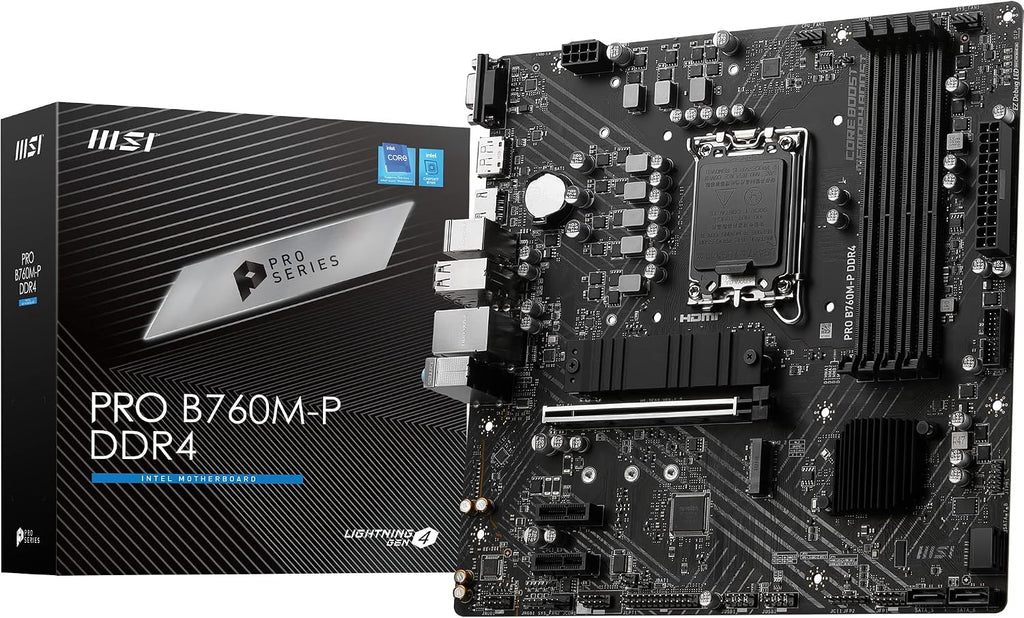 MSI PRO B760M-P DDR4 Mainboard, Unterstützt Intel 12., 13. & 14. Gen Core Prozessoren, LGA 1700, DDR4 Memory Boost 4800+Mhz/Oc, Pcie 4.0 X16 Slot, M.2 Gen4 Slots, Micro-Atx,Divers,M-Atx