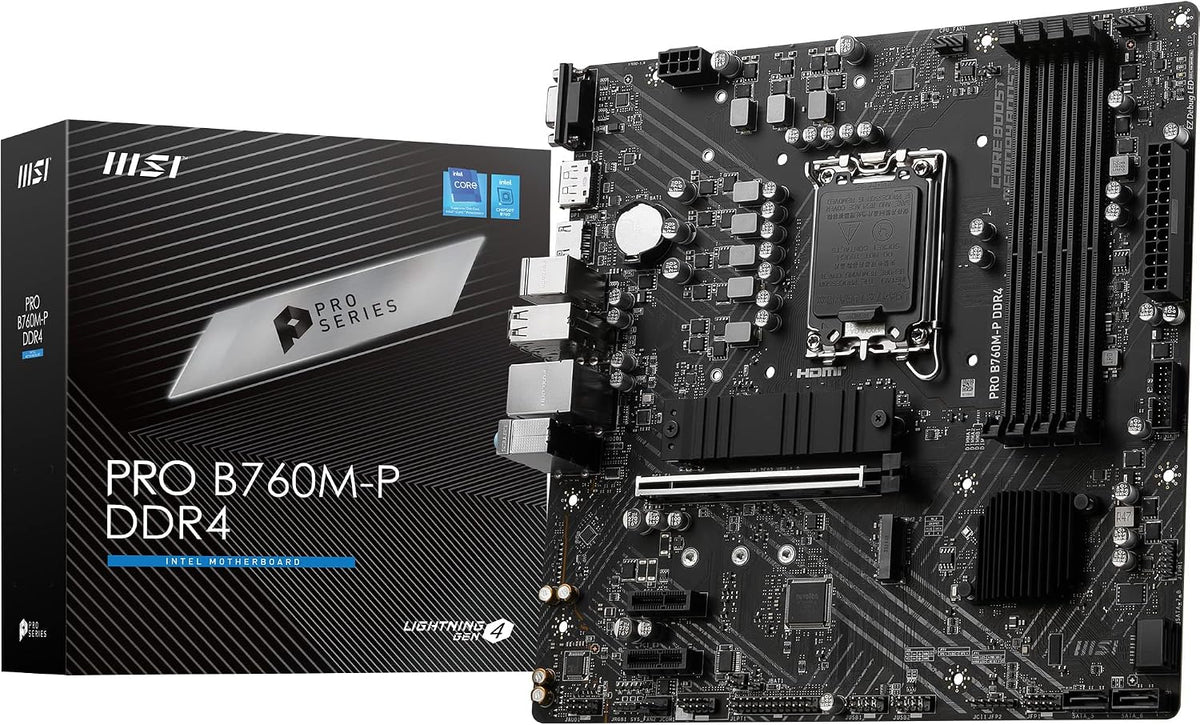 MSI PRO B760M-P DDR4 Mainboard, Unterstützt Intel 12., 13. & 14. Gen Core Prozessoren, LGA 1700, DDR4 Memory Boost 4800+Mhz/Oc, Pcie 4.0 X16 Slot, M.2 Gen4 Slots, Micro-Atx,Divers,M-Atx