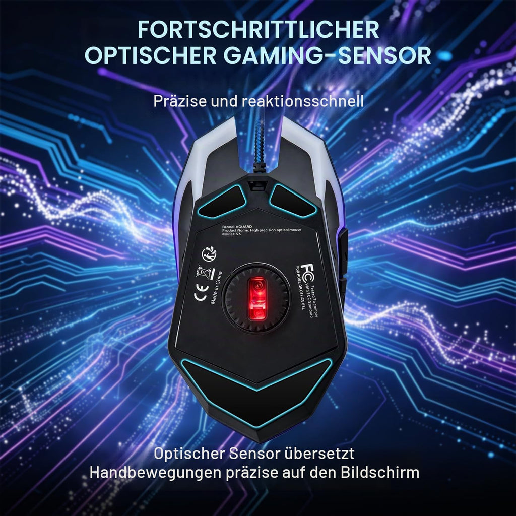 Wired Gaming Maus, 3600 DPI, 6 Programmierbare Tasten, Schwarz