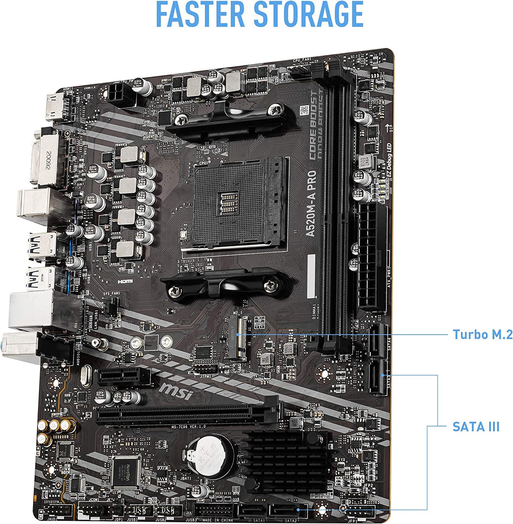 MSI A520M-A PRO Gaming Motherboard (AMD AM4, DDR4, Pcie 3.0, SATA 6Gb/S, M.2, USB 3.2 Gen 1, DVI/HDMI, Micro-Atx)