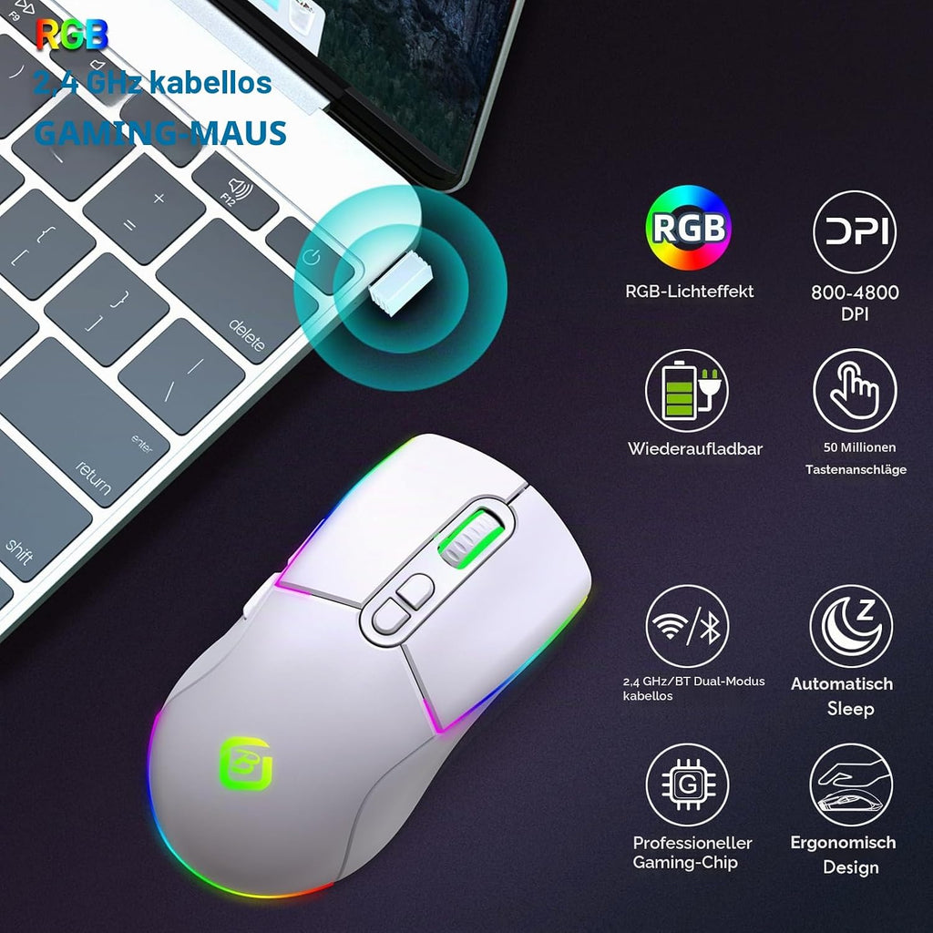 Kabellose Gaming Maus, Dual Mode 2.4Ghz/Bluetooth 5.1 Maus Gaming, RGB LED Hintergrundbeleuchtung, Ergonomische Maus Mit 6 Tasten, Wiederaufladbare Computer Maus Für PC, Mac, Laptop (Weiß)