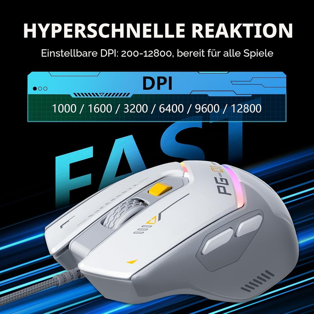 Inphic PG1 Gaming Maus Mit Kabel, 12800 DPI Hochpräzise, 6 Programmierbare Tasten, Atmungsaktive RGB Hintergrundbeleuchtung Ergonomische PC Maus Kabel Für Computer/Mac/Laptop - Weiß
