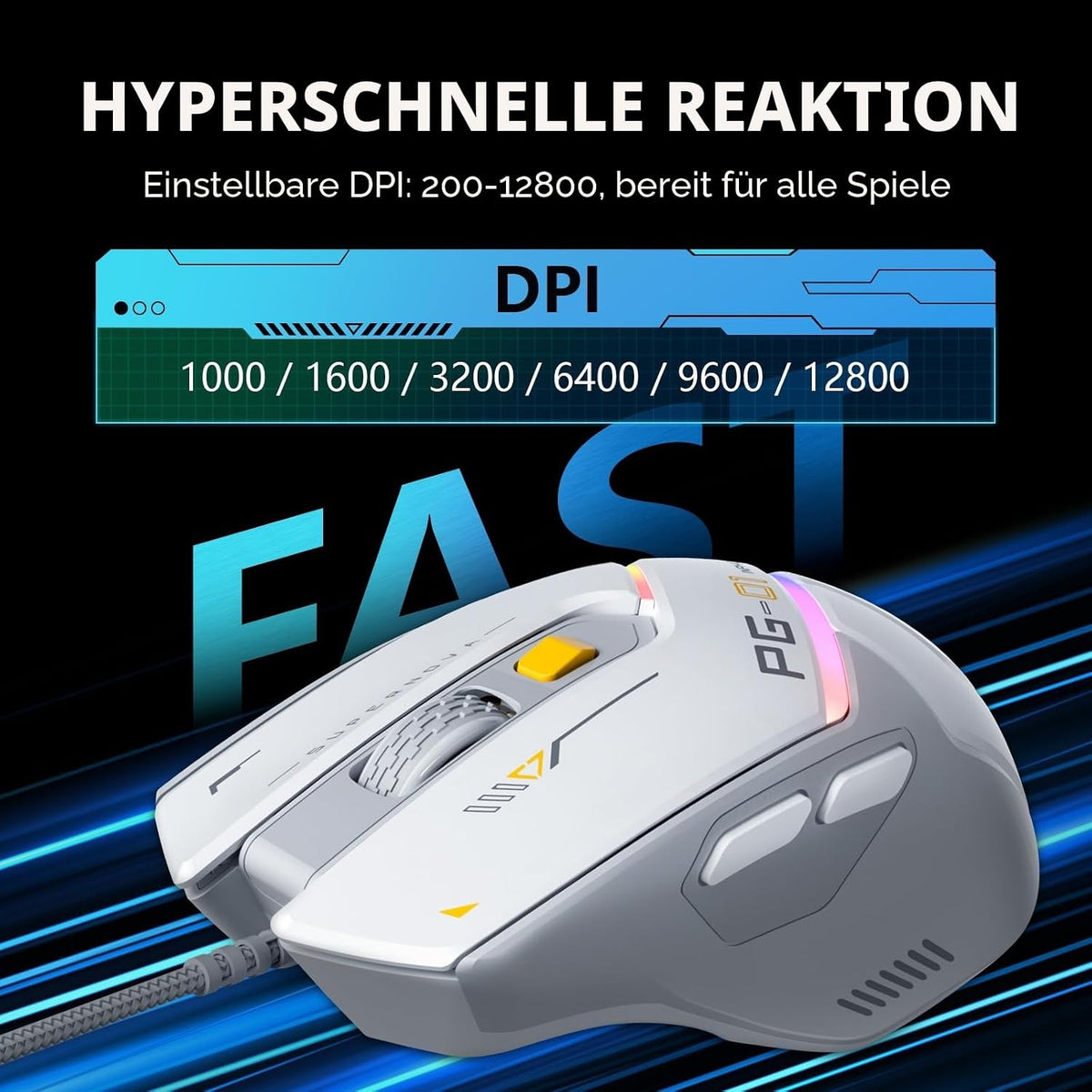 Inphic PG1 Gaming Maus Mit Kabel, 12800 DPI Hochpräzise, 6 Programmierbare Tasten, Atmungsaktive RGB Hintergrundbeleuchtung Ergonomische PC Maus Kabel Für Computer/Mac/Laptop - Weiß