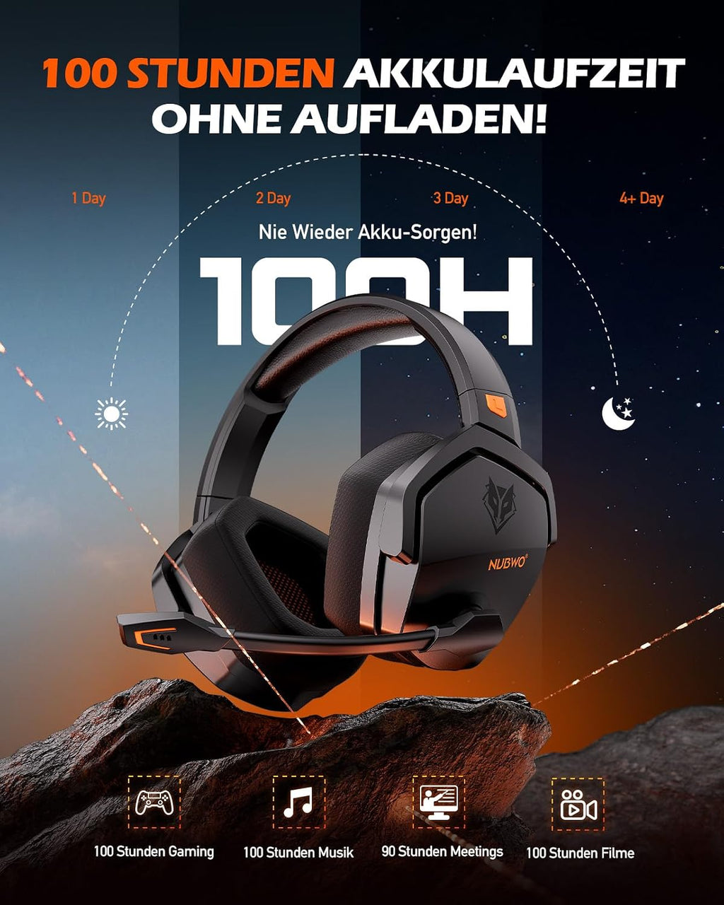 NUBWO G06 Dual Wireless Gaming Headset Mit Mikrofon Für PS5, PS4, PC, Mobile: 2.4 Ghz Wireless + Bluetooth - 100 Stunden - 50Mm -Treiber - Orange