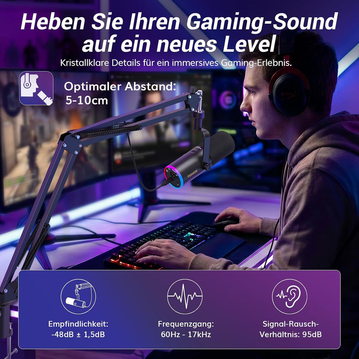 TONOR Dynamisches Gaming Mikrofon, XLR/USB Mikro, Ai-Geräuschunterdrückung