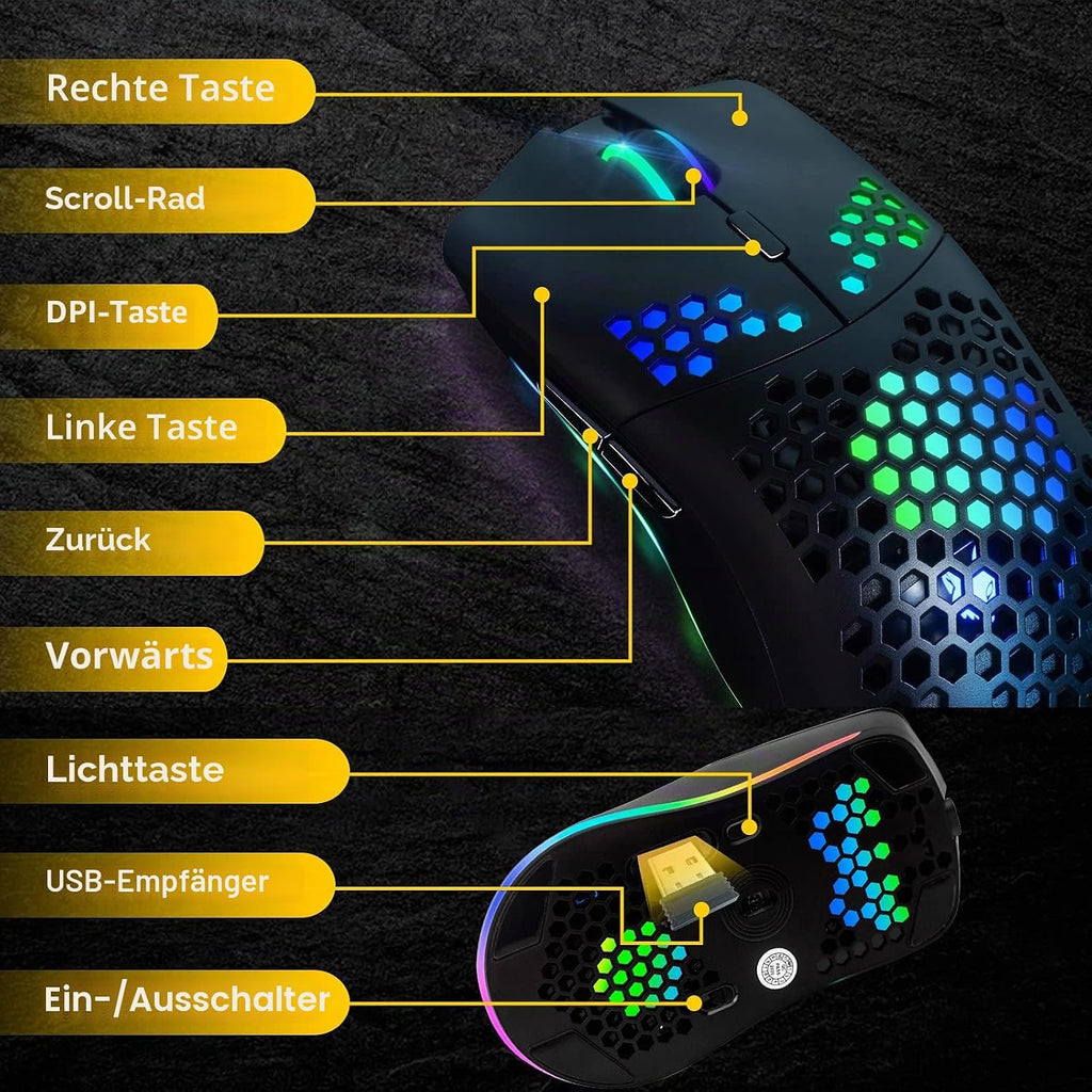 Kabellose Gaming-Maus Mit Wabenhülle, 11 Rgb-Chroma-Hintergrundbeleuchtung, 3400 DPI, 6 Programmierte Tasten, Usb-Empfänger, Energiesparend, Kabellose Maus Für Pc/Mac/Computer