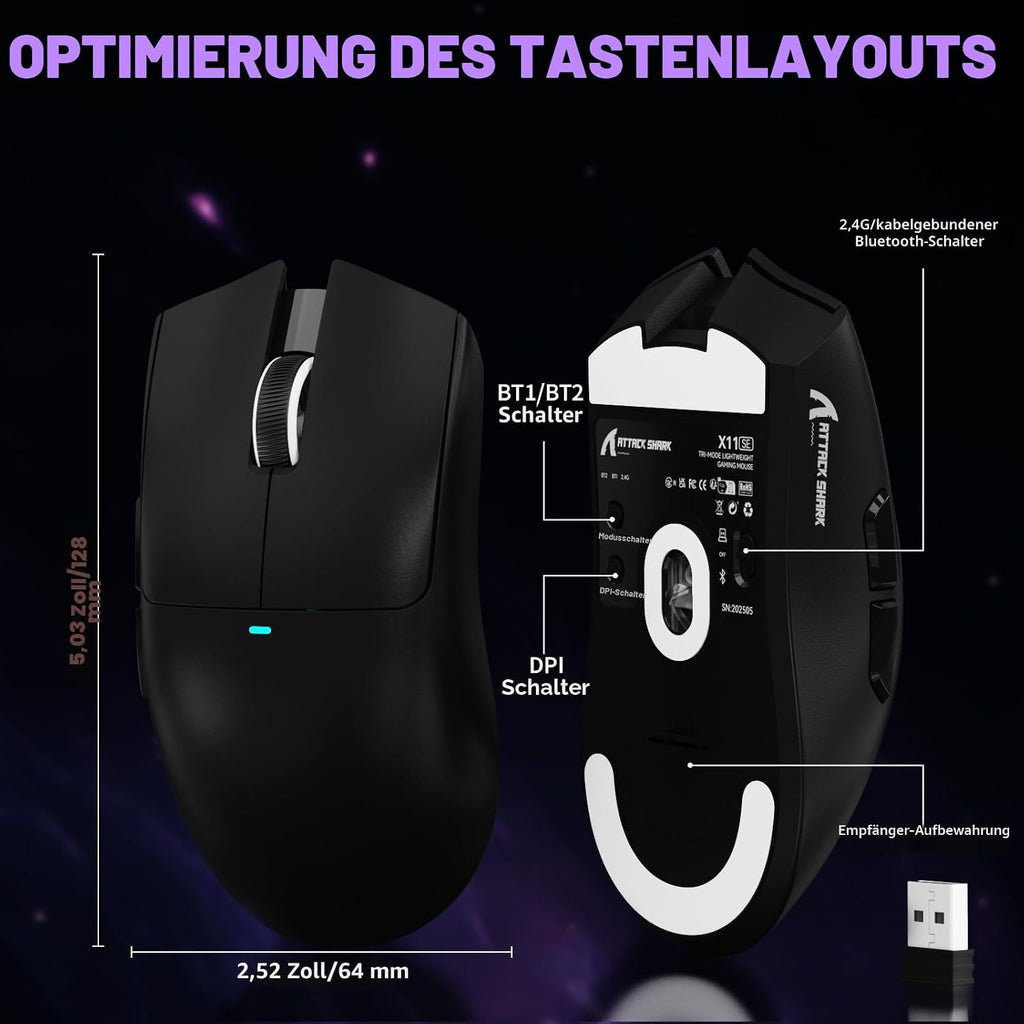 ATTACK SHARK X11SE Kabellose Gaming-Maus, 63G Superleicht, Mit Pixart Paw3311-Sensor, 22000 DPI, Tri-Mode BT/2,4 Ghz/Kabelgebunden, 1000Hz, 300Mah Battery, Dual-Treiber, Für Pc/Xbox/Ps/Mac, Schwarz