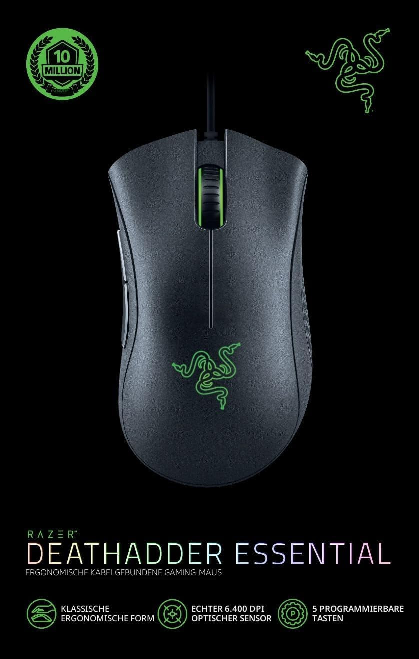 Razer Deathadder Essential (2021) - Kabelgebundene Gaming-Maus Mit Optischem Sensor Mit 6400 DPI (5 Programmierbare Tasten, Ergonomischer Formfaktor, 10 Millionen Klicks Lebensdauer) Schwarz