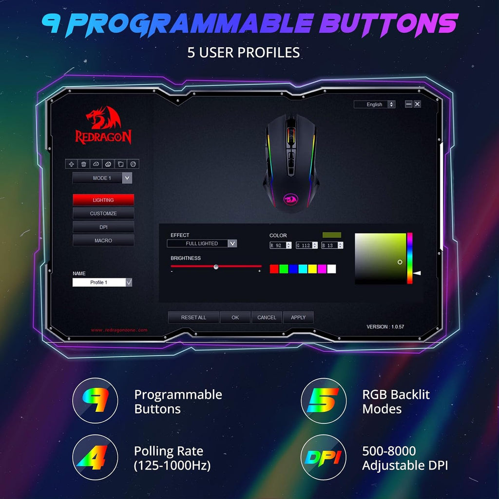 Redragon Gaming Maus, Gaming Mouse Mit RGB Und Einstellbar 8000 DPI, Maus Mit 9 Programmierbare Tasten Und Feuertaste, RGB Gaming Maus Mit Ergonomisches Design F¨¹R Mmo/Fps/Pc/Windows/Mac, M910-K