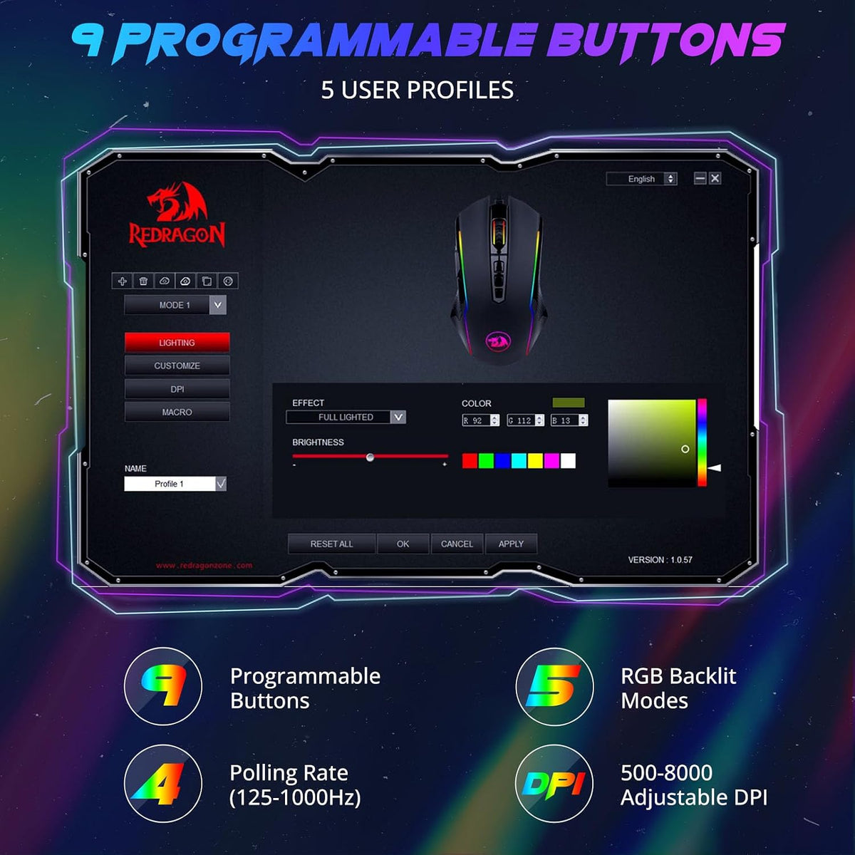 Redragon Gaming Maus, Gaming Mouse Mit RGB Und Einstellbar 8000 DPI, Maus Mit 9 Programmierbare Tasten Und Feuertaste, RGB Gaming Maus Mit Ergonomisches Design F¨¹R Mmo/Fps/Pc/Windows/Mac, M910-K