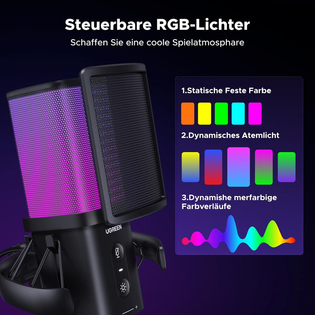 UGREEN Gaming Mikrofon Mit RGB, Dsp-Rauschunterdrückung, 96Khz/24Bit