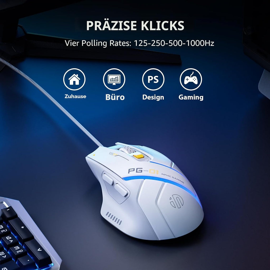 Inphic PG1 Gaming Maus Mit Kabel, 12800 DPI Hochpräzise, 6 Programmierbare Tasten, Atmungsaktive RGB Hintergrundbeleuchtung Ergonomische PC Maus Kabel Für Computer/Mac/Laptop - Weiß