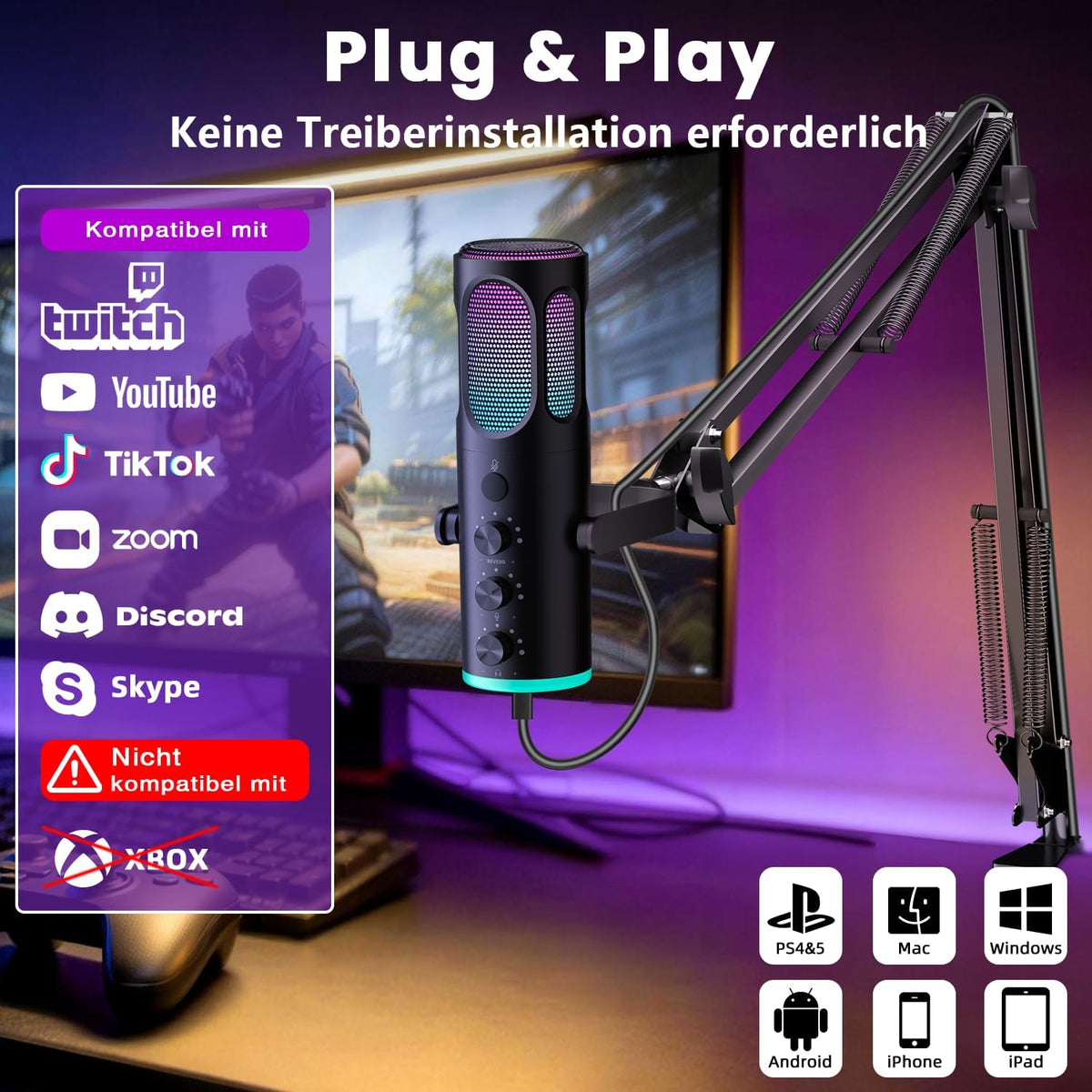 Ortizan USB Gaming Mikrofon PC Mit Schwenkarm, Mute Und Monitoring