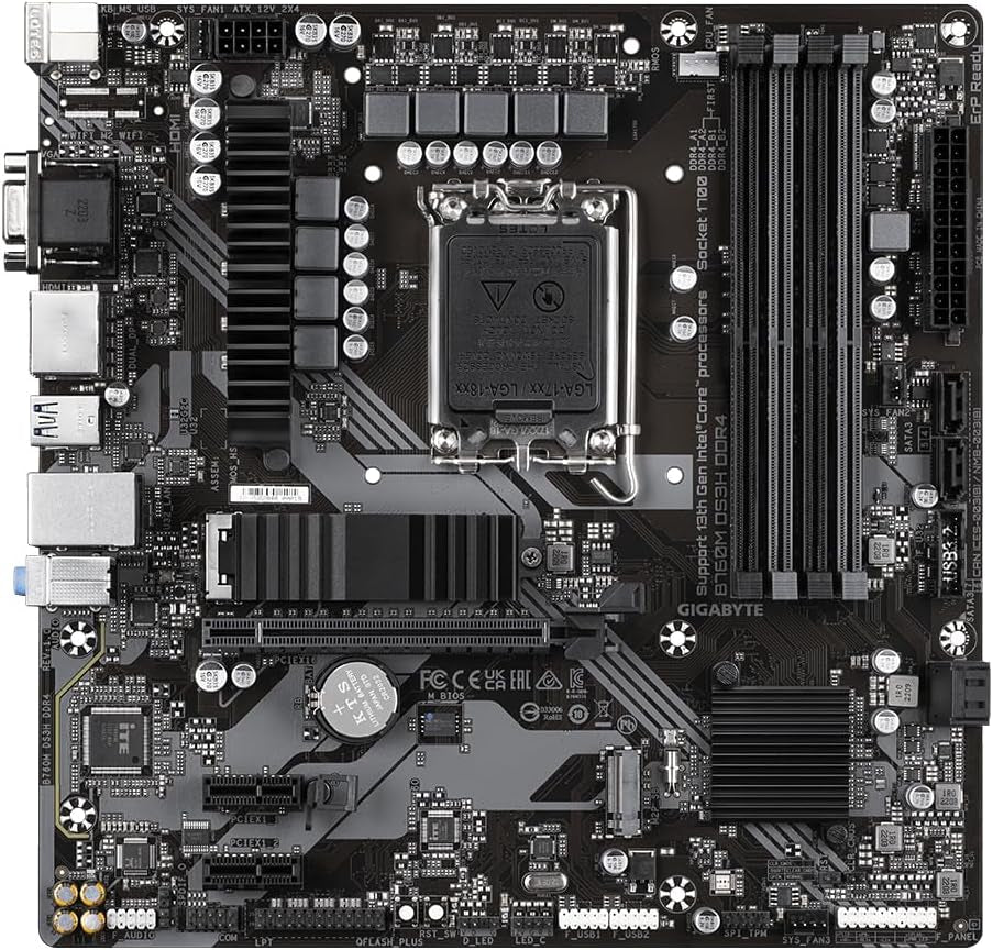 GIGABYTE B760M DS3H DDR4 Motherboard - Unterstützt Intel Core 14. Generation Cpus, 6+2+1 Phasen Digital VRM, Bis Zu 5333Mhz DDR4 (OC), 2Xpcie 4.0 M.2, 2.5Gbe LAN, USB 3.2 Gen2