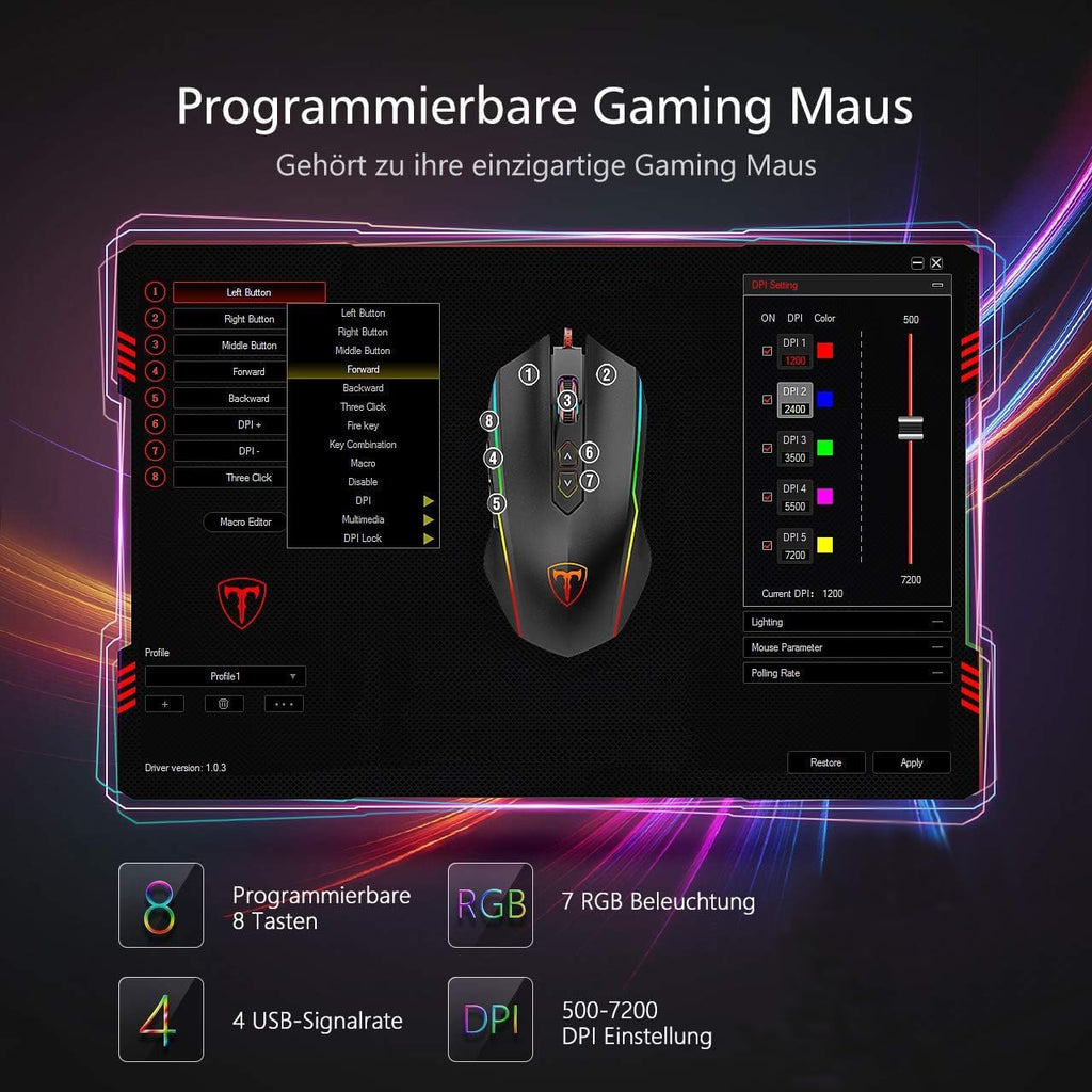 RGB Gaming Maus,Gamer Maus Mit 8 Programmierbare Tasten 7200Dpi/Rgb-Beleuchtung/Anpassbare Spielprofile,Usb-Wired Mit Ergonomisches Design Für MMO, MOBA Oder FPS Games Für Pc/Mac
