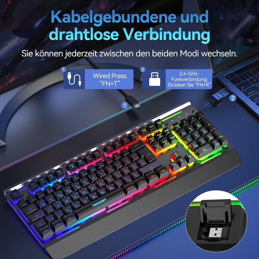 TECKNET Gaming-Tastatur Kabellos, Qwertz-Tastatur, Deutsches Layout