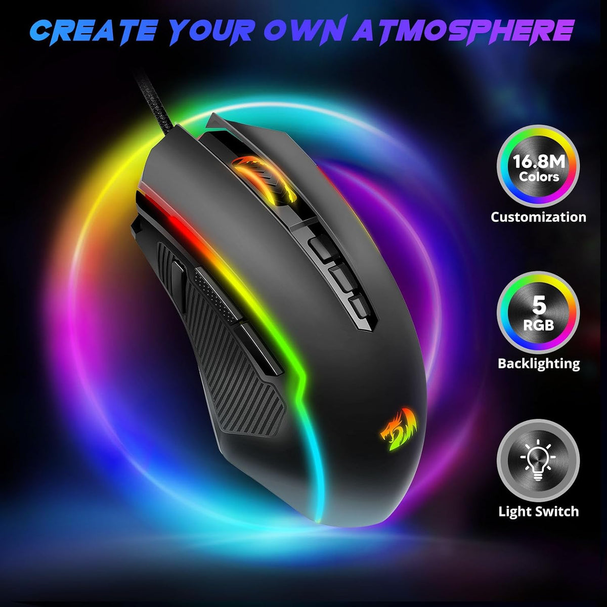 Redragon Gaming Maus, Gaming Mouse Mit RGB Und Einstellbar 8000 DPI, Maus Mit 9 Programmierbare Tasten Und Feuertaste, RGB Gaming Maus Mit Ergonomisches Design F¨¹R Mmo/Fps/Pc/Windows/Mac, M910-K