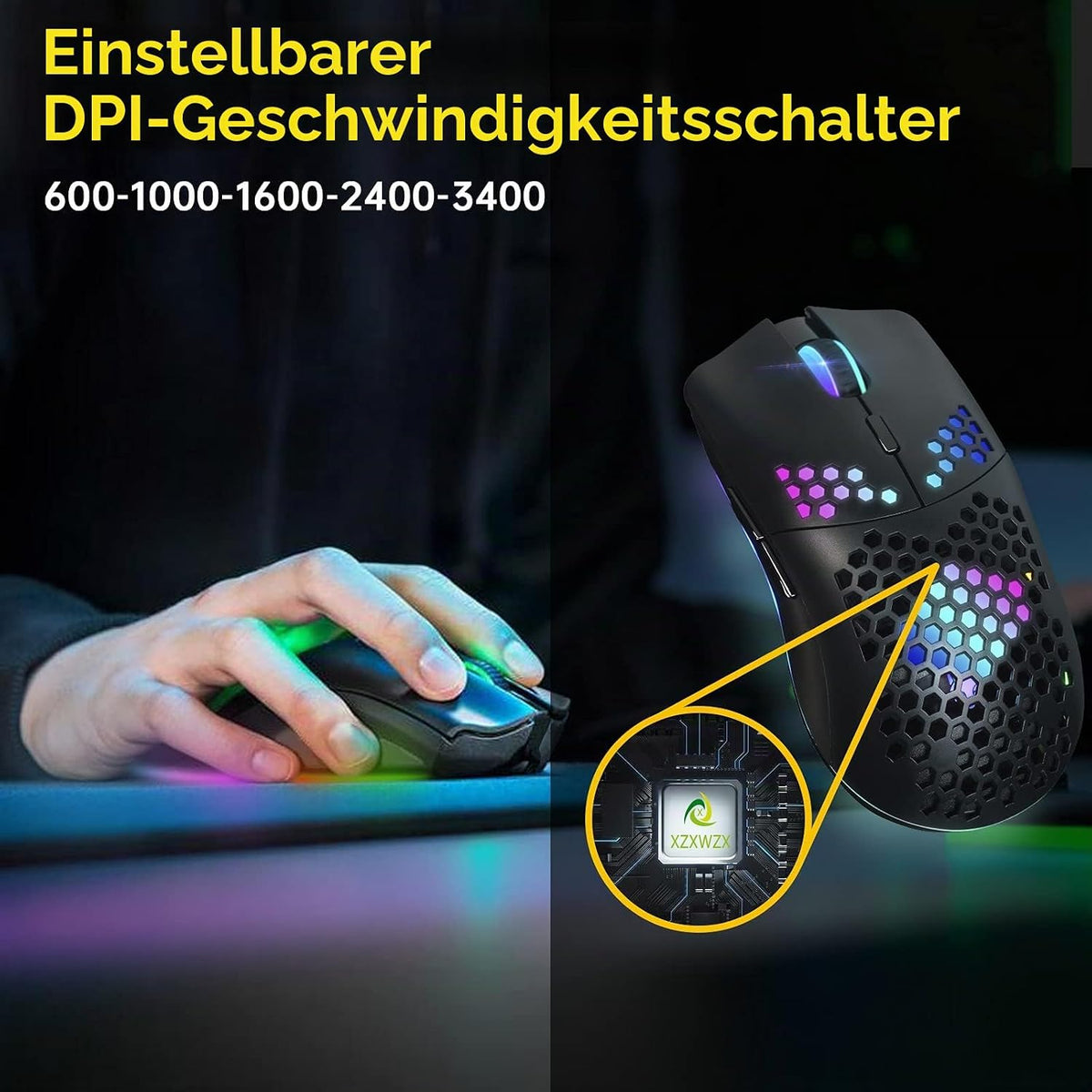 Kabellose Gaming-Maus Mit Wabenhülle, 11 Rgb-Chroma-Hintergrundbeleuchtung, 3400 DPI, 6 Programmierte Tasten, Usb-Empfänger, Energiesparend, Kabellose Maus Für Pc/Mac/Computer
